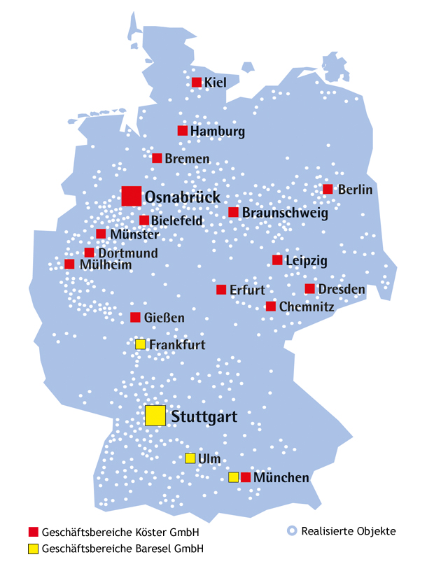 Niederlassungen und realisierte Projekte der Köster GmbH und Baresel GmbH